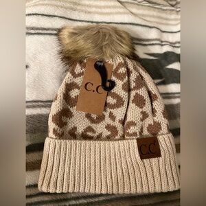 C.C Tan and Brown Leopard Beanie with Pom